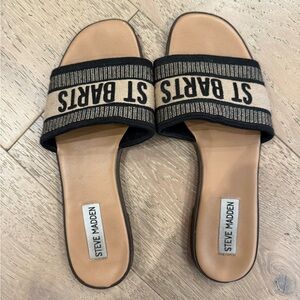 Steve Madden Black and Tan Slide Sandals
